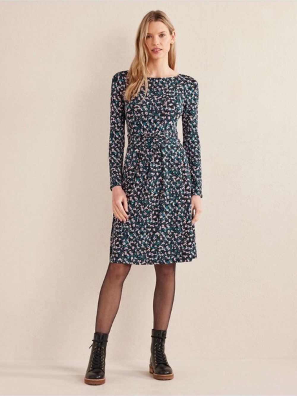 Boden Long-Sleeve Floral Dress with Teal & Pink Size 10 Large